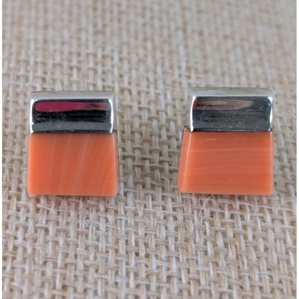 Sterling Silver 925 Genuine Coral Modernist Square Stud‎ Earrings